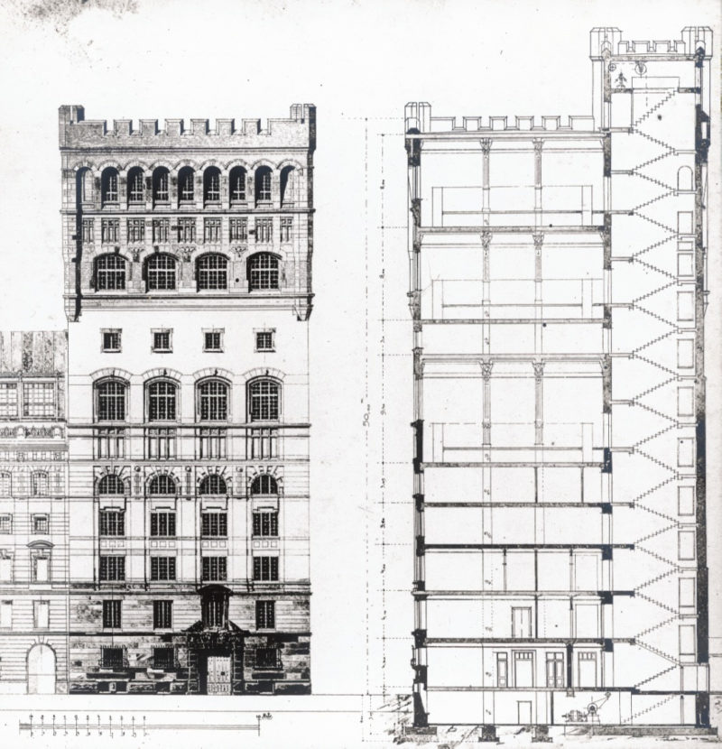 Rysunek przedstawiajaÌ¨cy fasadeÌ¨ i przekroÌj przez budynek PAST. OkoÅo 1908 roku.